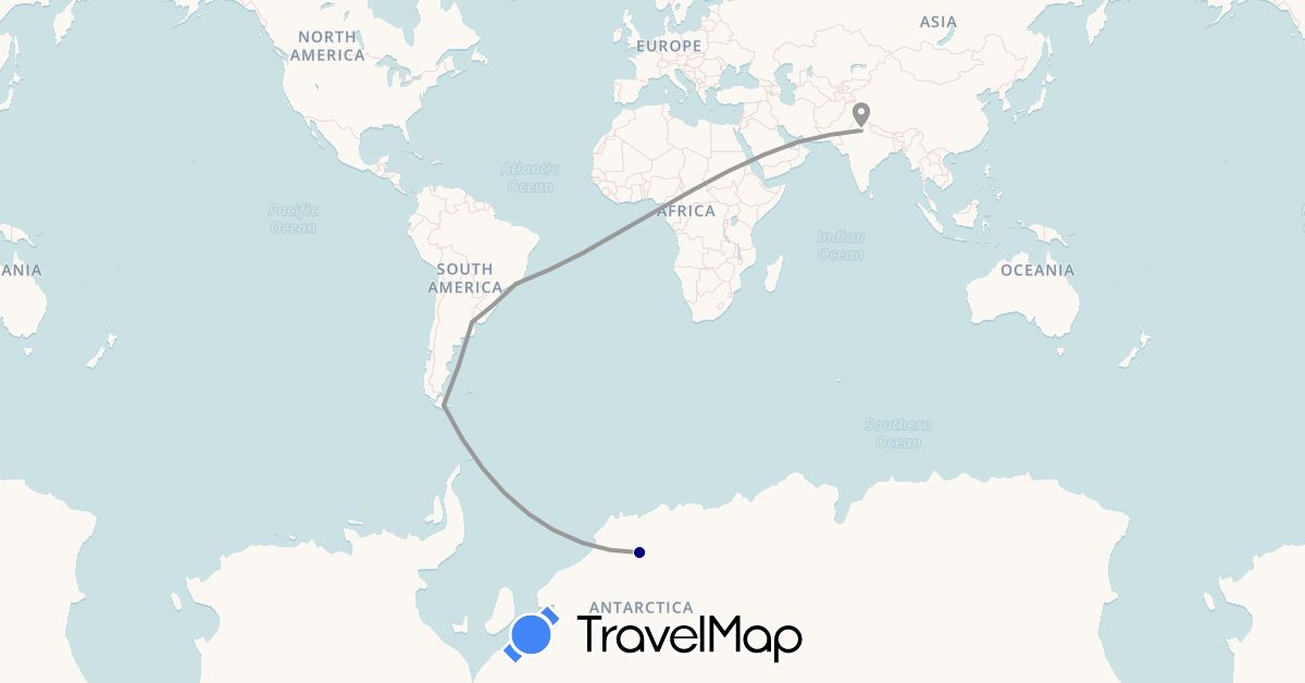 TravelMap itinerary: driving, plane in United Arab Emirates, Antarctica, Argentina, Brazil, India (Antarctica, Asia, South America)